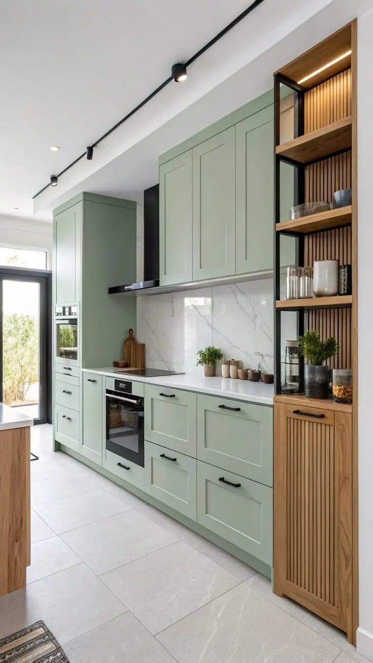 Mint straight kitchen with wooden tall unit – modular design idea